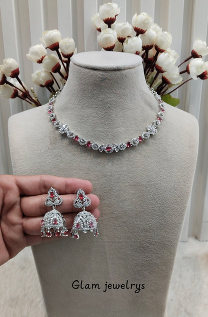 Ruby Silver CZ Necklace Indian Jewellery Jaysurya Set