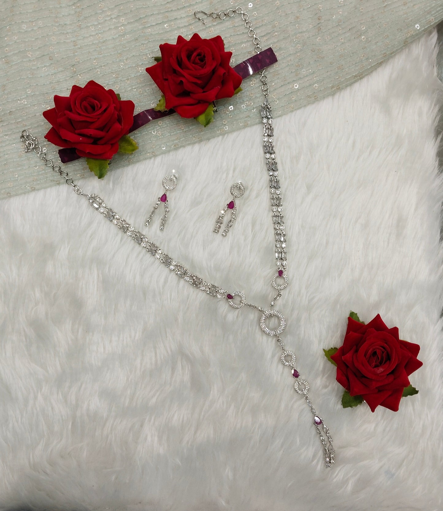 Ruby Silver CZ Necklace Indian Jewellery Jaysurya Set