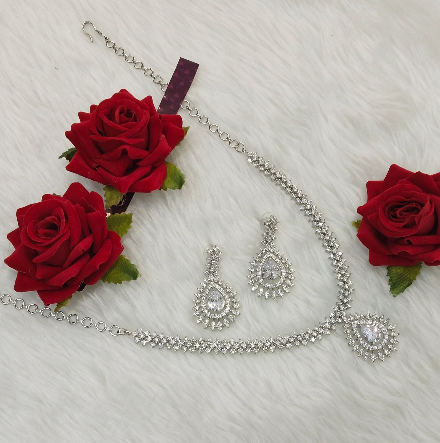 White Silver CZ Necklace Indian Jewellery Polard Set