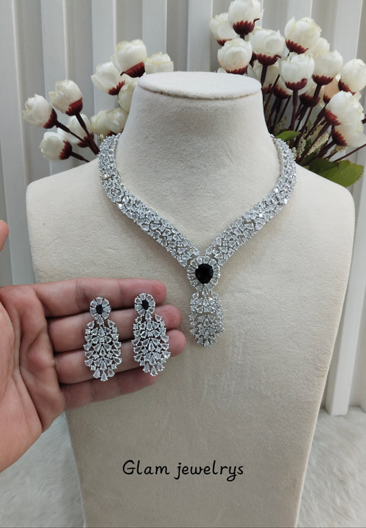 Black Silver CZ Necklace Indian Jewellery Lasit Set
