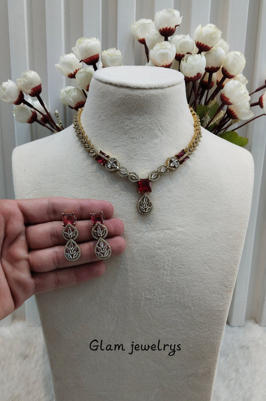 Ruby Antique Gold CZ Necklace Indian Jewellery Peterson Set