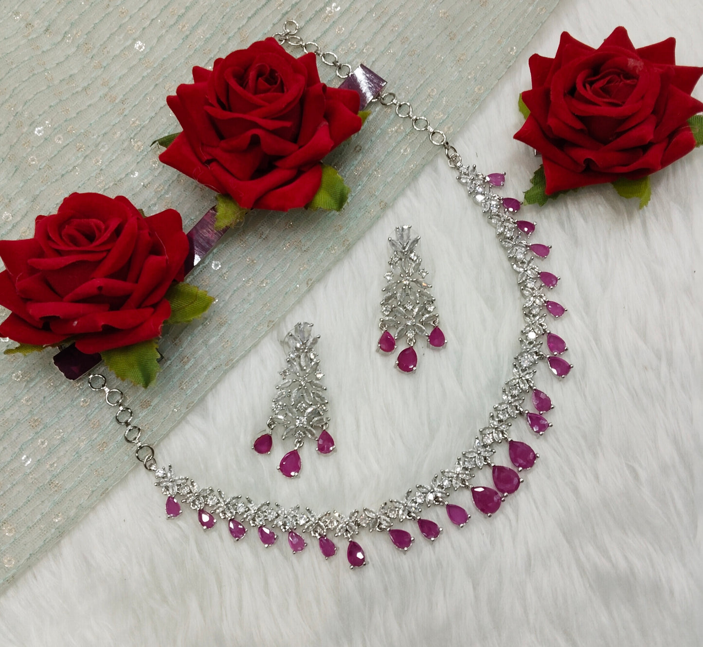 Ruby Silver CZ Necklace Indian Jewellery Marker Set