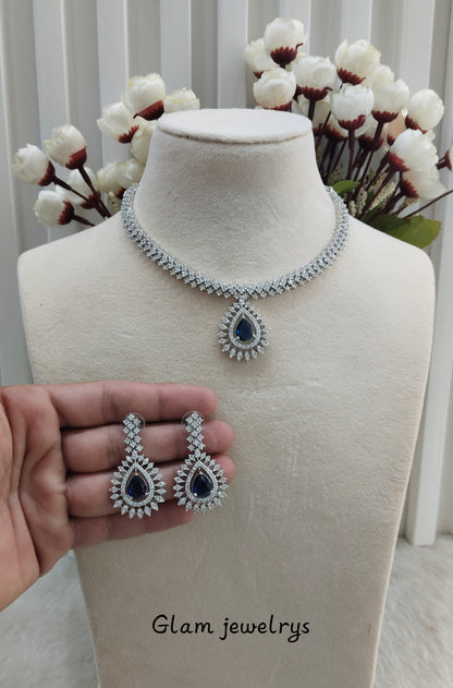 Blue Silver CZ Necklace Indian Jewellery Polard Set