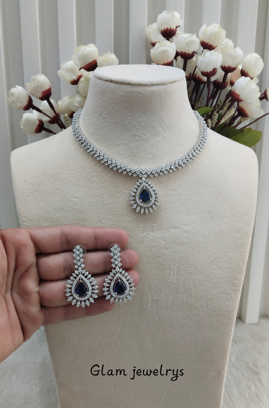 Blue Silver CZ Necklace Indian Jewellery Polard Set