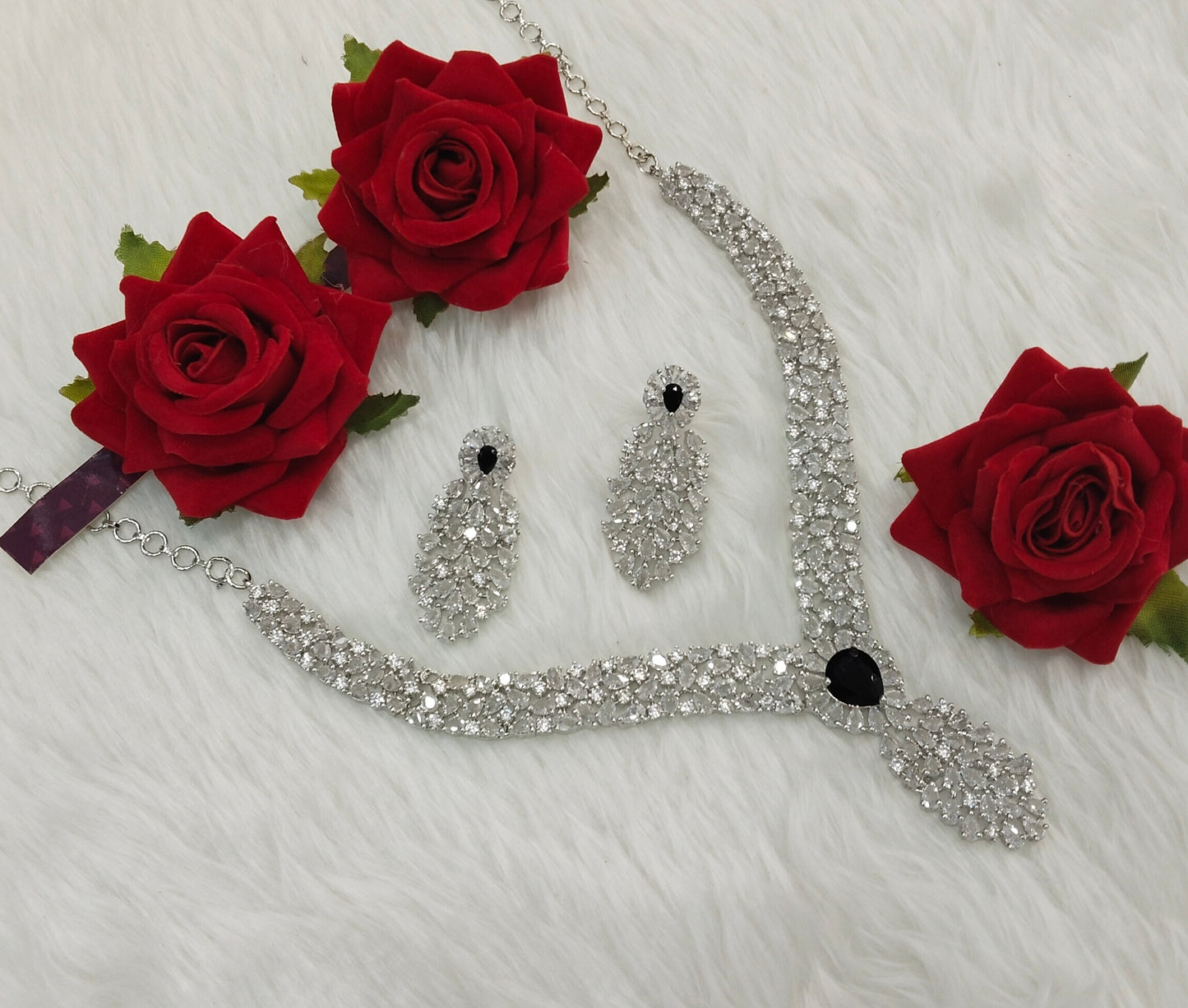 Black Silver CZ Necklace Indian Jewellery Lasit Set