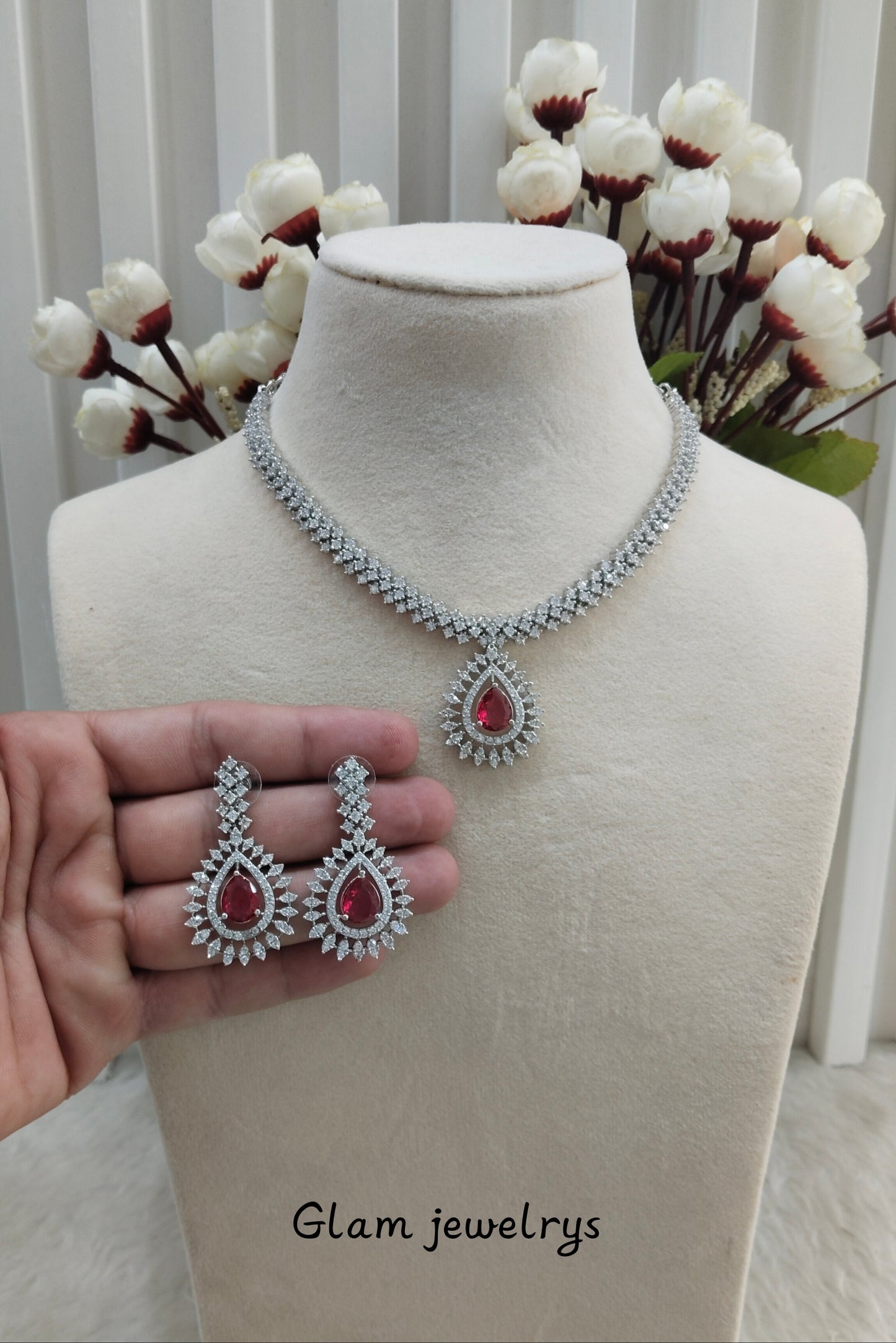 Ruby Silver CZ Necklace Indian Jewellery Polard Set
