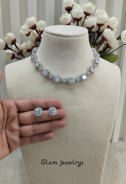 White Silver CZ Necklace Indian Jewellery Kavin Set