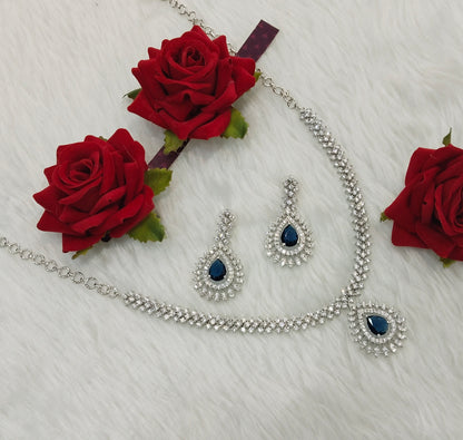 Blue Silver CZ Necklace Indian Jewellery Polard Set