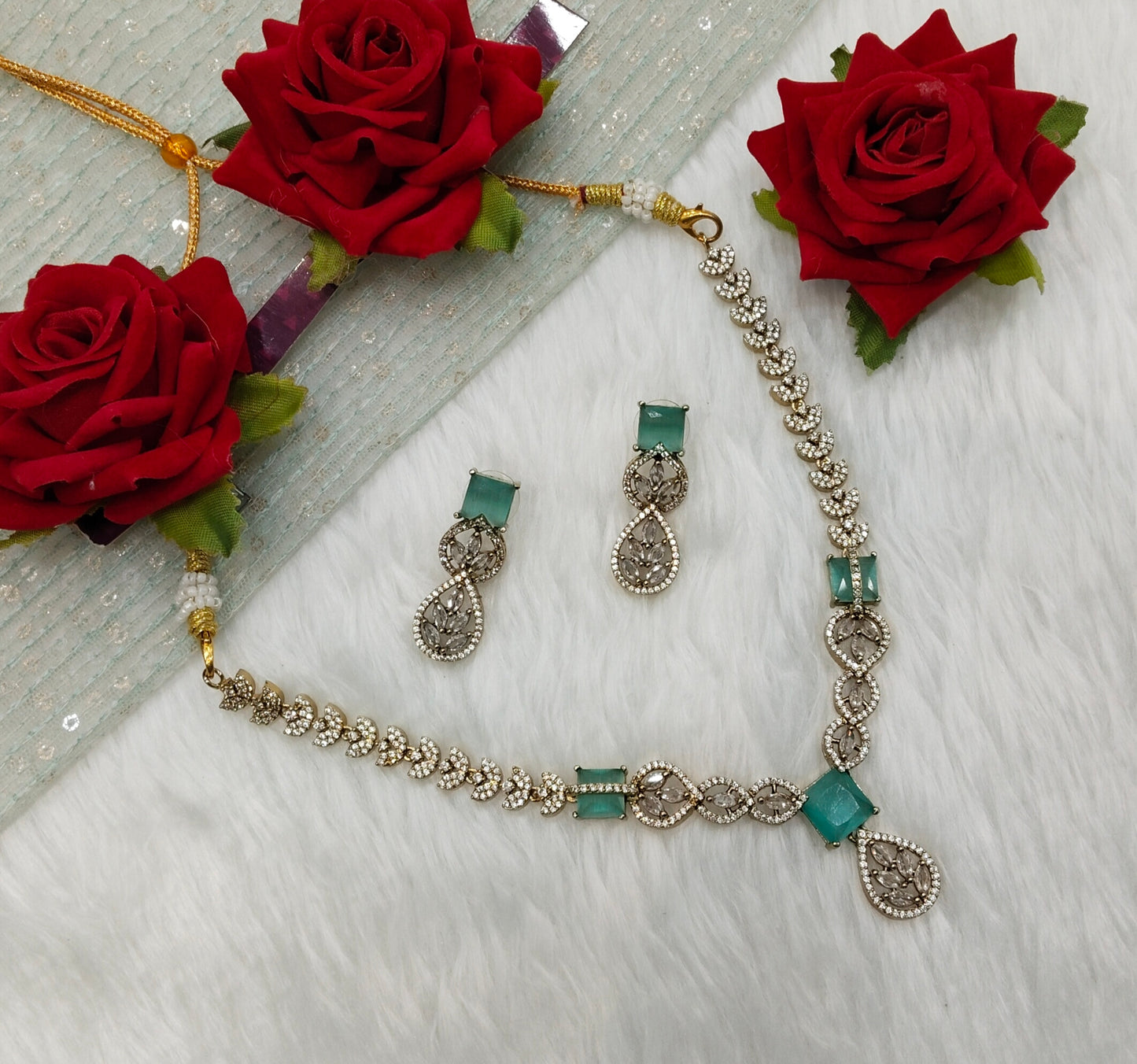 Sea Green Antique Gold CZ Necklace Indian Jewellery Peterson Set