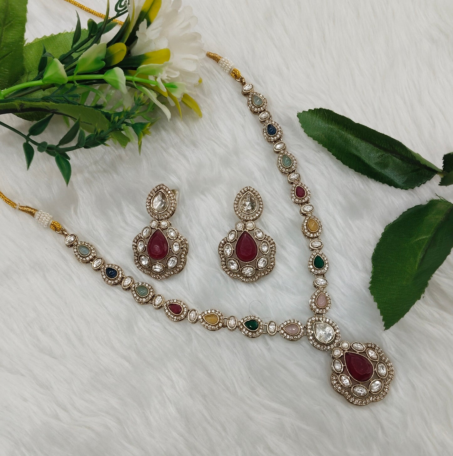 Multi Color Antique Gold Necklace Indian Jewellery Bravo Set