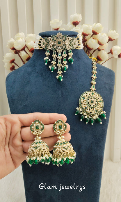 Green Antique Gold Choker Indian Jewellery Bablu Set
