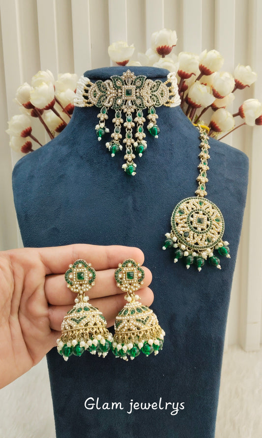 Green Antique Gold Choker Indian Jewellery Bablu Set