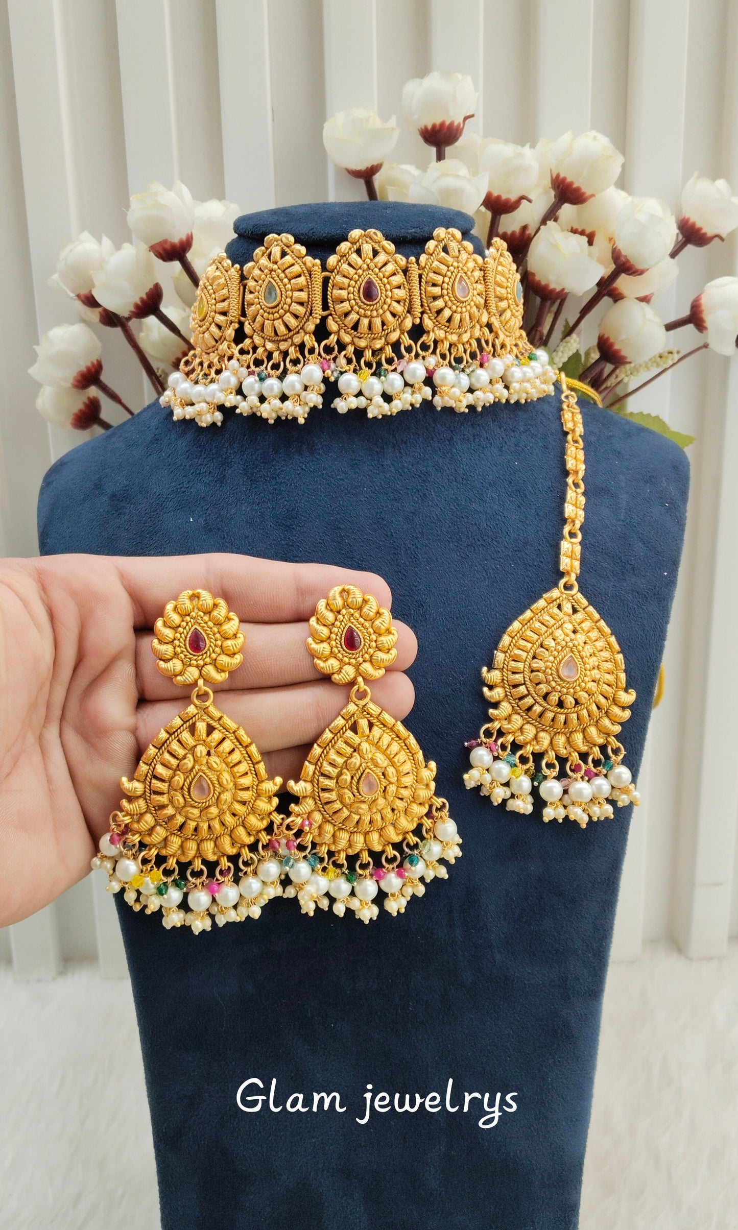 Multi Color Gold Polki Punjabi choker Indian Jeewellery Birpal set