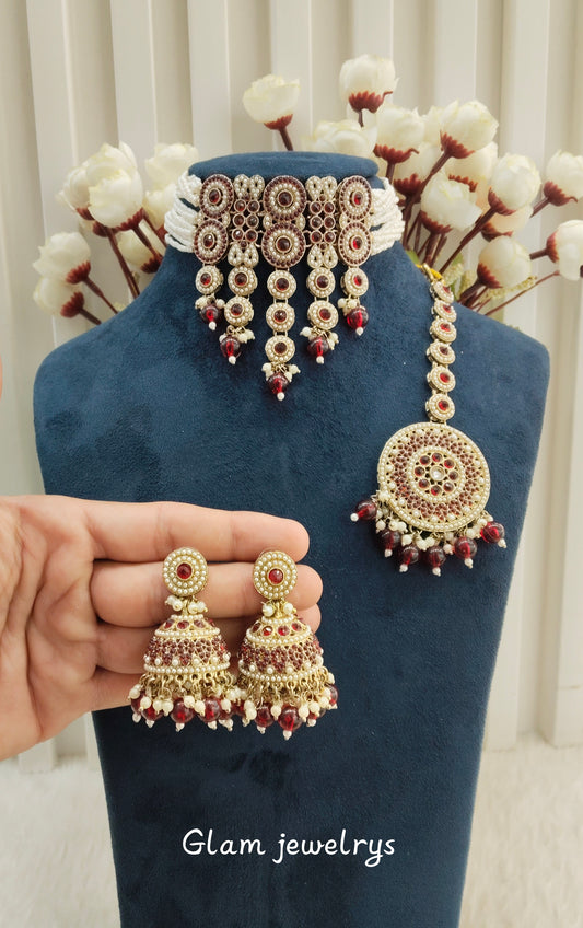 Maroon Antique Gold Choker Indian Jewellery Babli Set