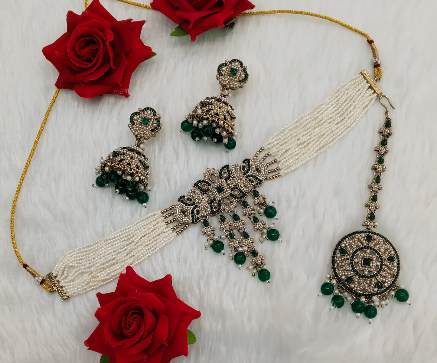 Green Antique Gold Choker Indian Jewellery Bablu Set
