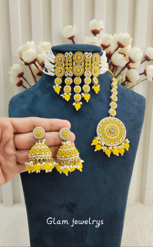Yellow Antique Gold Choker Indian Jewellery Babli Set