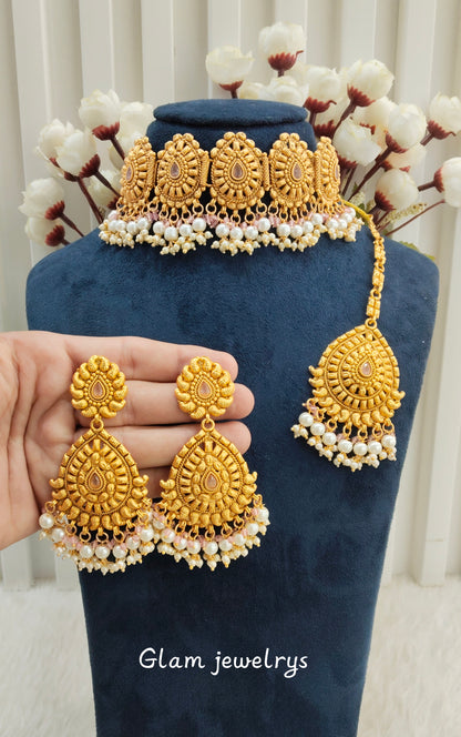 Pink Gold Polki Punjabi choker Indian Jeewellery Birpal set
