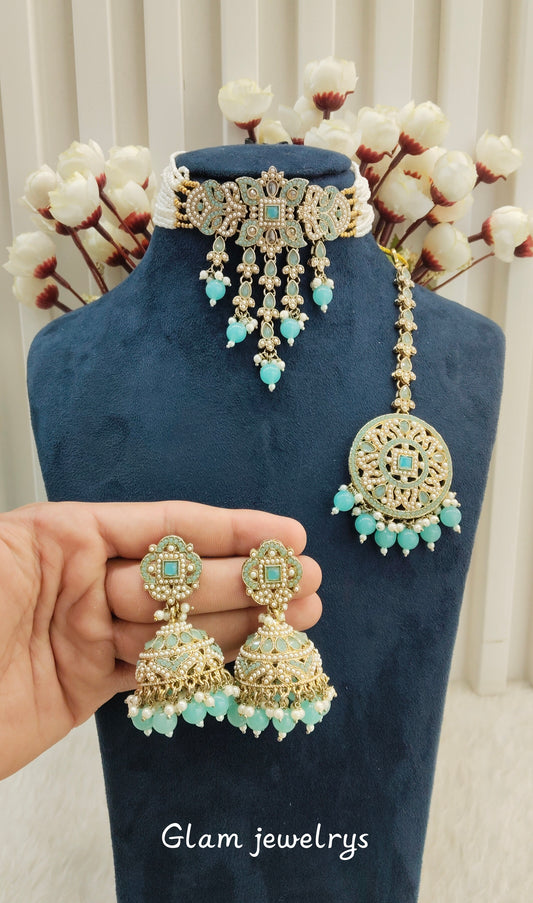 Sky Blue Antique Gold Choker Indian Jewellery Bablu Set