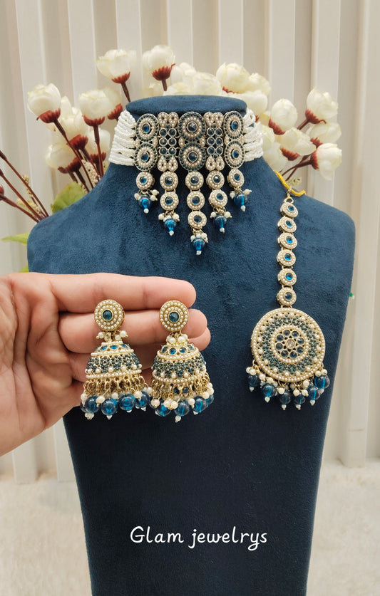 Nevy Blue  Antique Gold Choker Indian Jewellery Babli Set