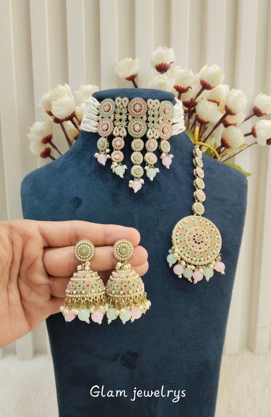 Mint Pink Antique Gold Choker Indian Jewellery Babli Set