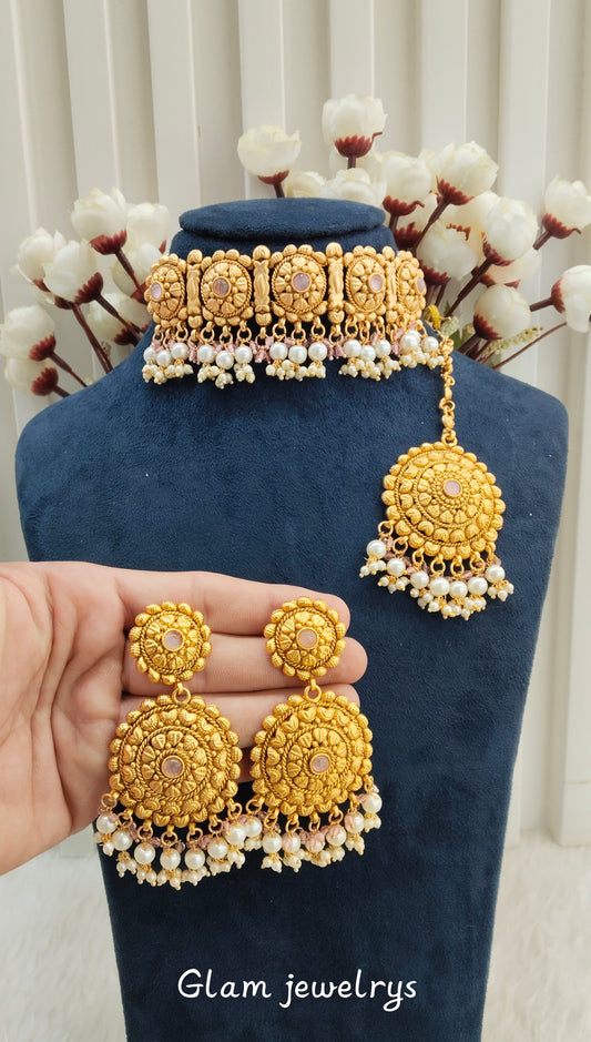 Pink Gold Polki Punjabi choker Indian Jeewellery Birpal set