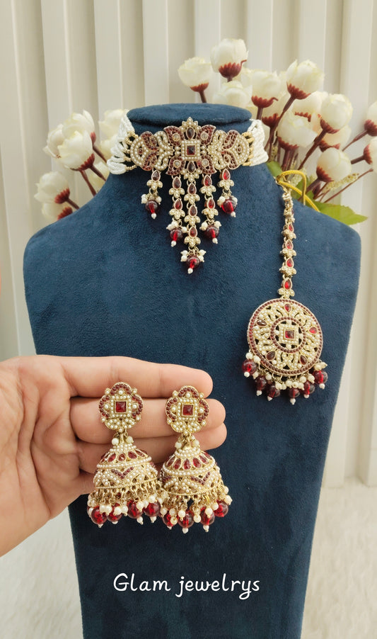 Maroon Antique Gold Choker Indian Jewellery Bablu Set