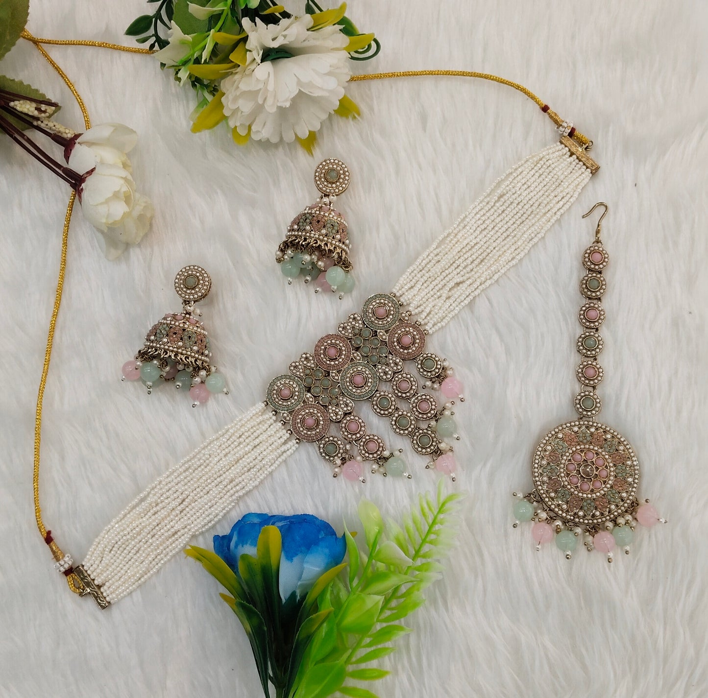 Mint Pink Antique Gold Choker Indian Jewellery Babli Set
