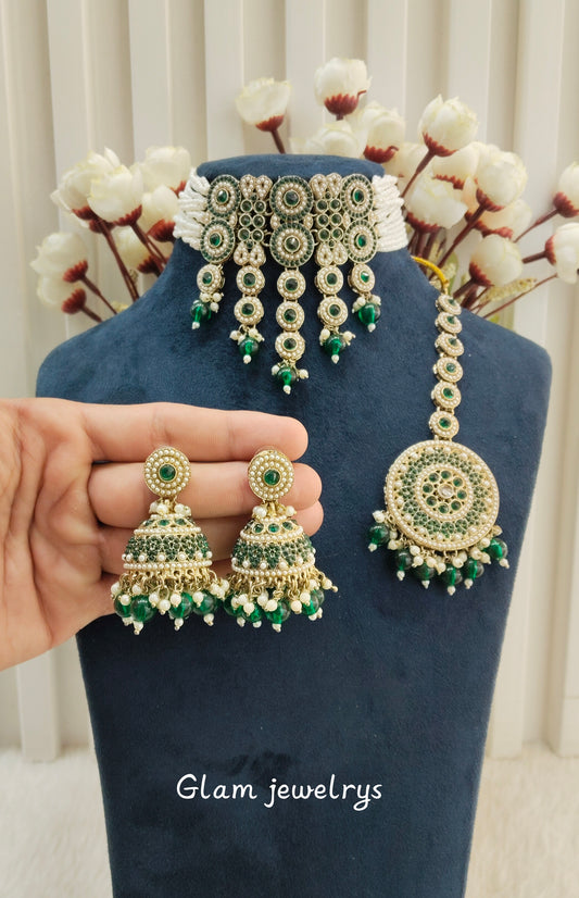 Green Antique Gold Choker Indian Jewellery Babli Set