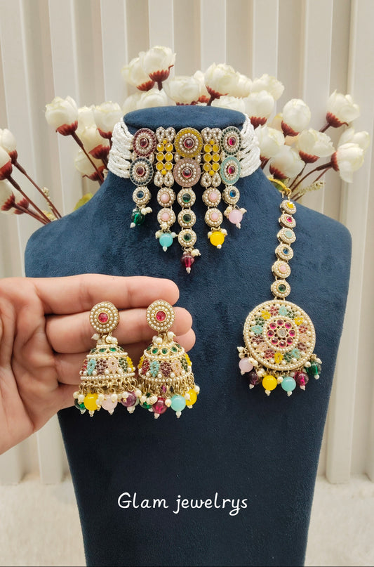 Multi Color Antique Gold Choker Indian Jewellery Babli Set