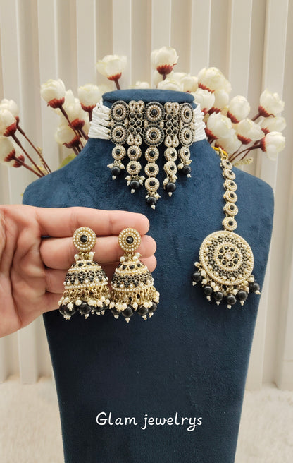 Black Antique Gold Choker Indian Jewellery Babli Set
