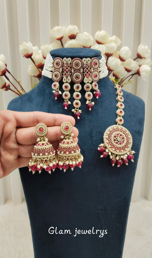 Majenta Antique Gold Choker Indian Jewellery Babli Set