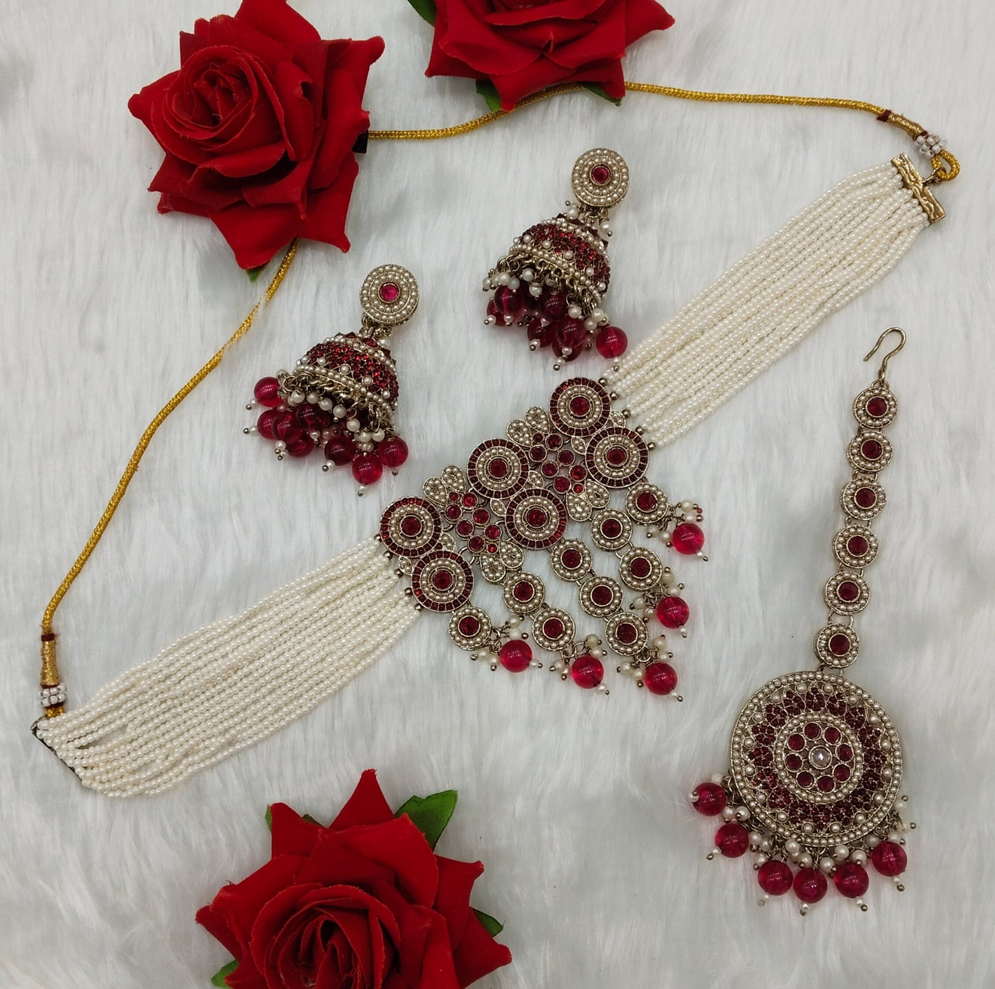 Majenta Antique Gold Choker Indian Jewellery Babli Set