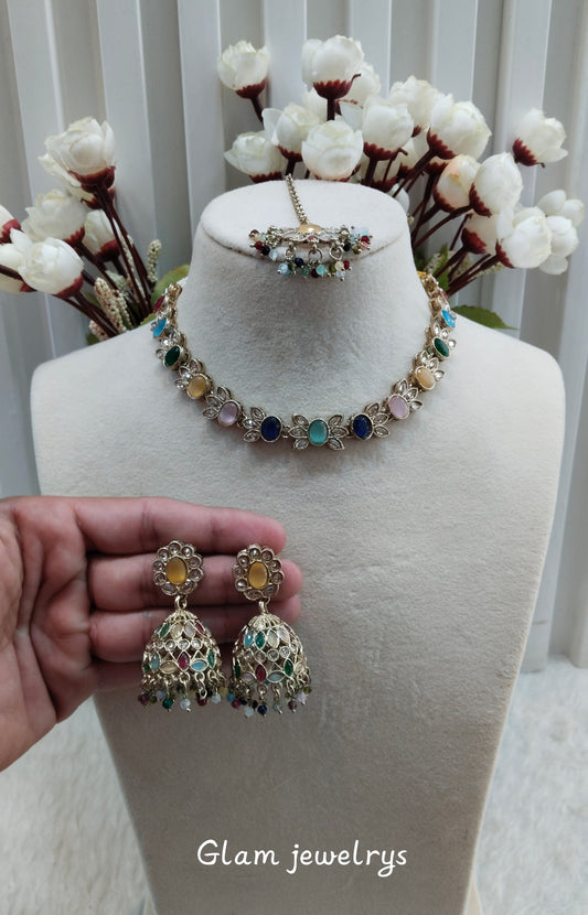 Multi Color Antique Gold Necklace Indian Jewellery Mandeep Set