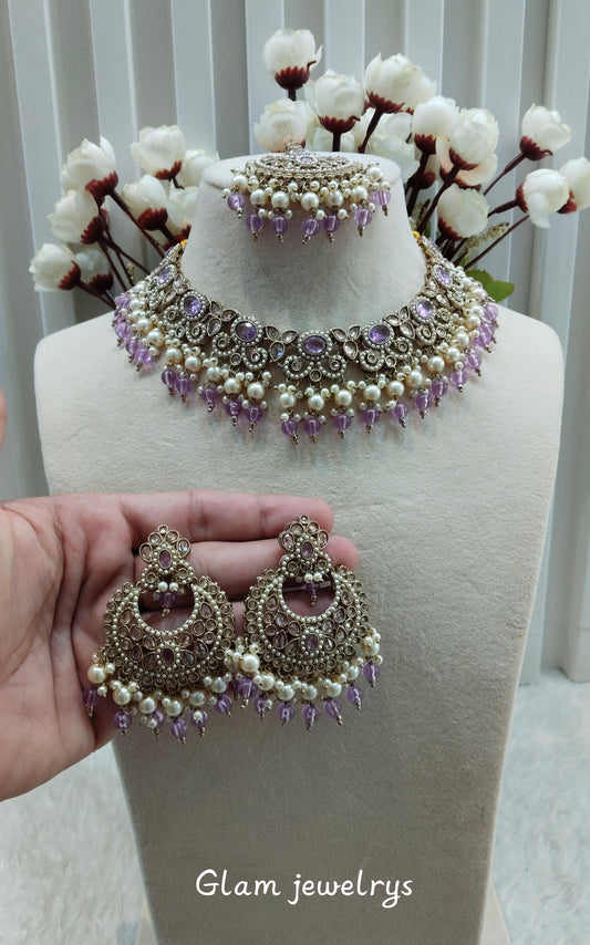 Lavender Antique Gold Necklace Indian Jewellery Mangu Set