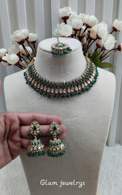 Green Antique Gold Necklace Indian Jewellery Gora Set