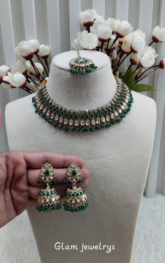 Green Antique Gold Necklace Indian Jewellery Gora Set