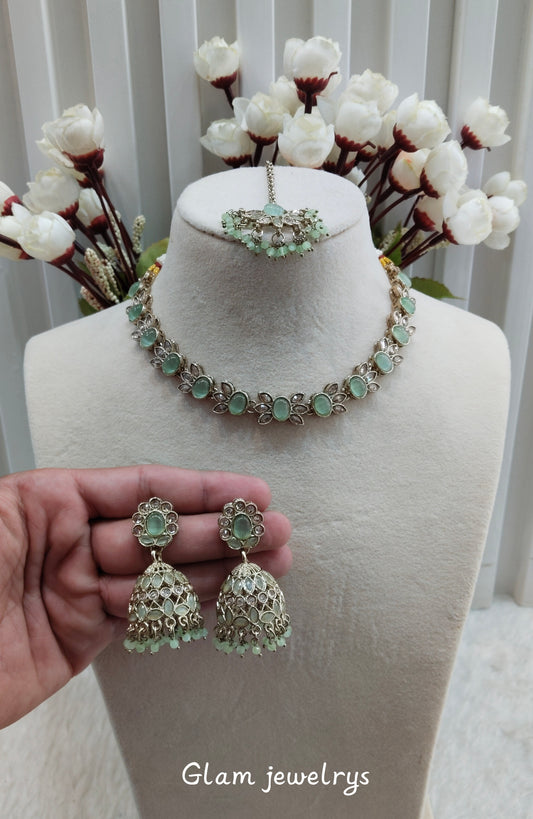 Pastel Green Antique Gold Necklace Indian Jewellery Mandeep Set