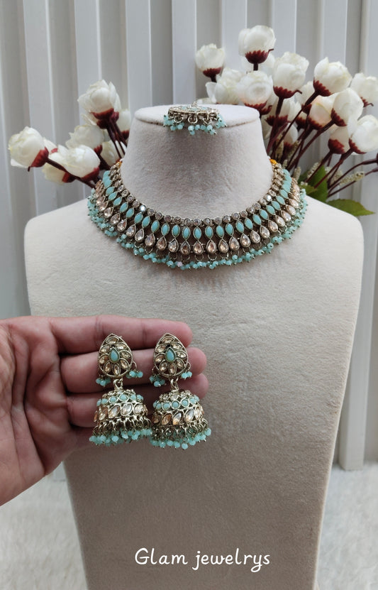 Pastel Green Antique Gold Necklace Indian Jewellery Gora Set