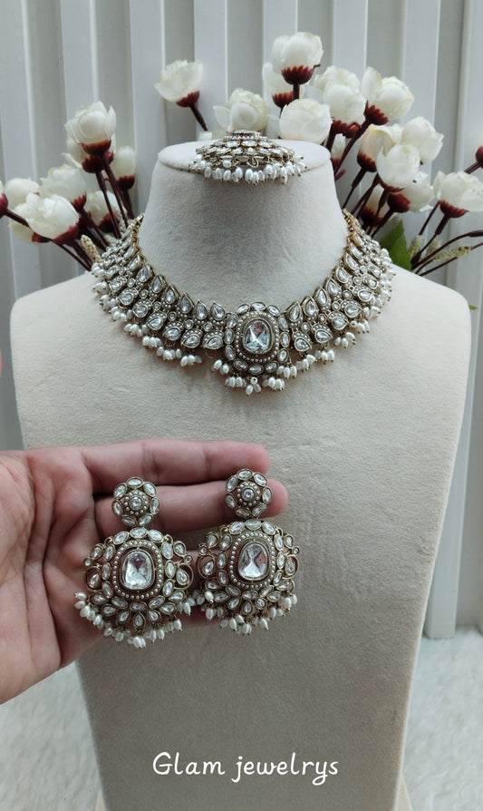 White Antique Gold Necklace Indian Jewellery Pardeep Set