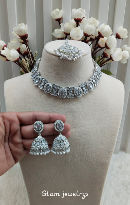 White Silver Necklace Indian Jewellery Mandeep Set