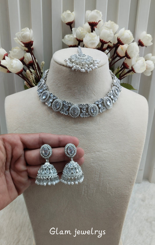 White Silver Necklace Indian Jewellery Mandeep Set