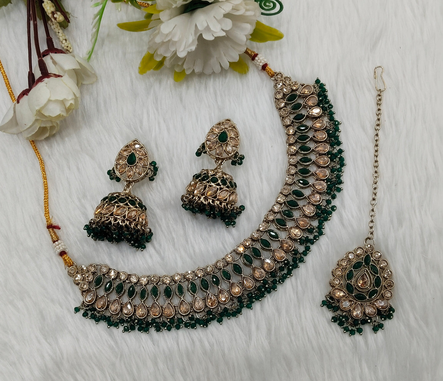 Green Antique Gold Necklace Indian Jewellery Gora Set