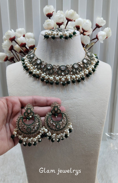 Green Antique Gold Necklace Indian Jewellery Mangu Set