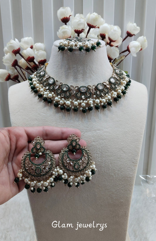 Green Antique Gold Necklace Indian Jewellery Mangu Set