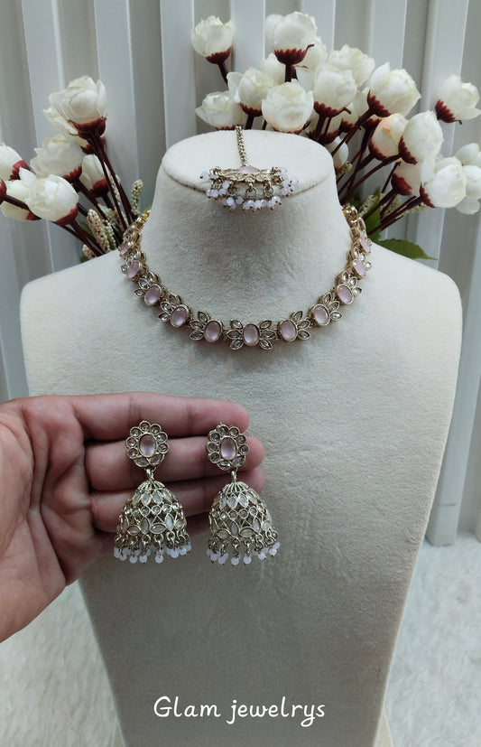 Pink Antique Gold Necklace Indian Jewellery Mandeep Set