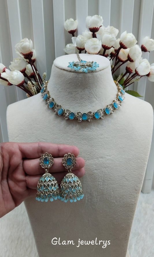 Sky Blue Antique Gold Necklace Indian Jewellery Mandeep Set