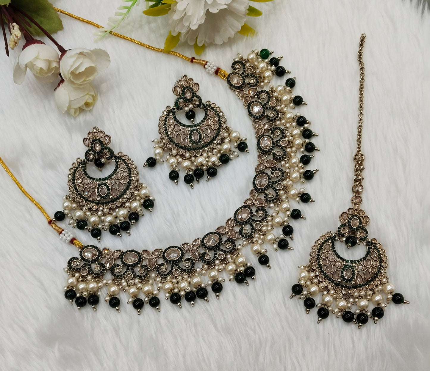 Green Antique Gold Necklace Indian Jewellery Mangu Set