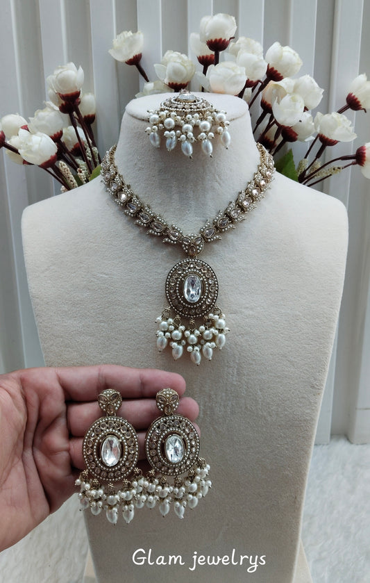 White Antique Gold Necklace Indian Jewellery Pardeep Set