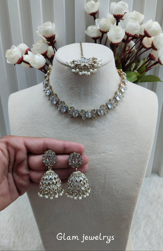 White Antique Gold Necklace Indian Jewellery Mandeep Set