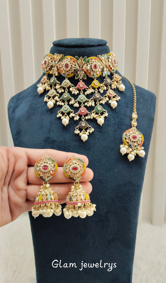 Multi Color Antique Gold Choker Indian Jewellery Pardeep Set